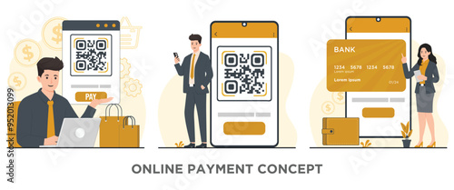 Online payment concept scanning qr code concept Man with smartphone and QR code. Vector illustration in flat style.