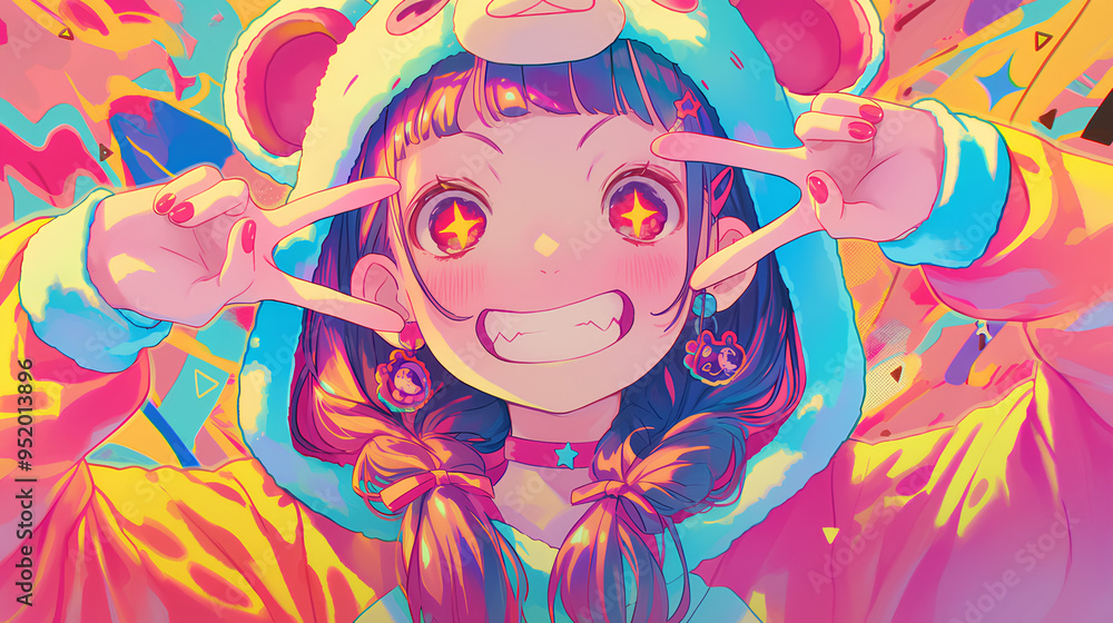 Fototapeta premium cute monkey character wearing anime onesie costume, anime style, cute kawaii, simple, smiling happy. neon psychedelic background