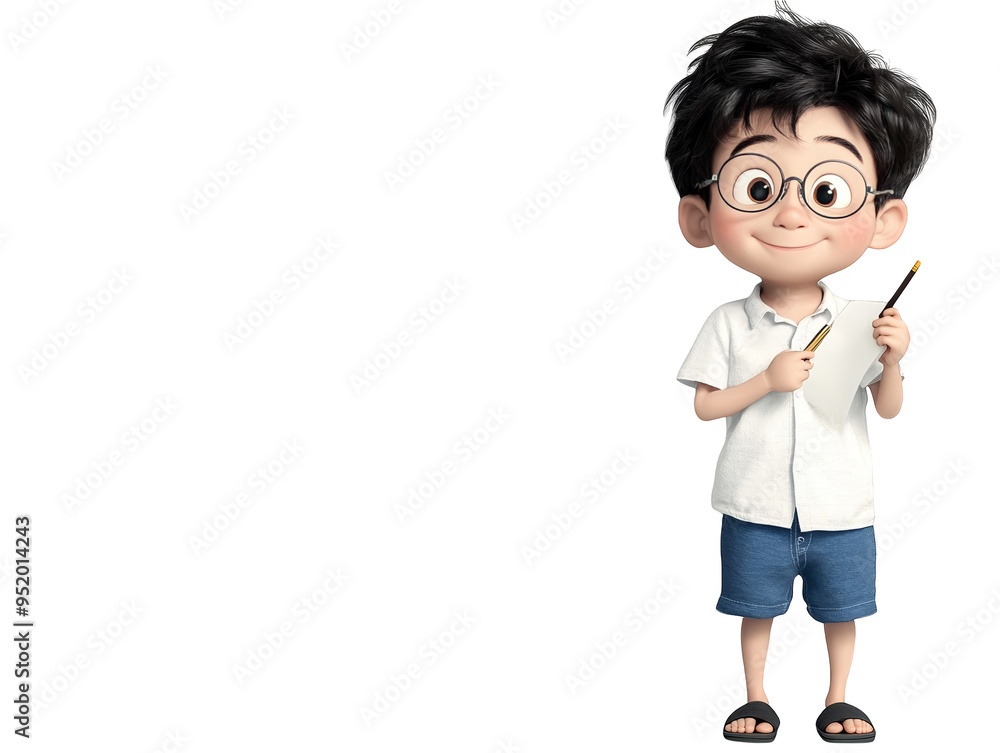 Happy Boy Holding Pencil and Paper on Colorful Background Happy Boy Holding Pencil and Paper on Colorful Background
