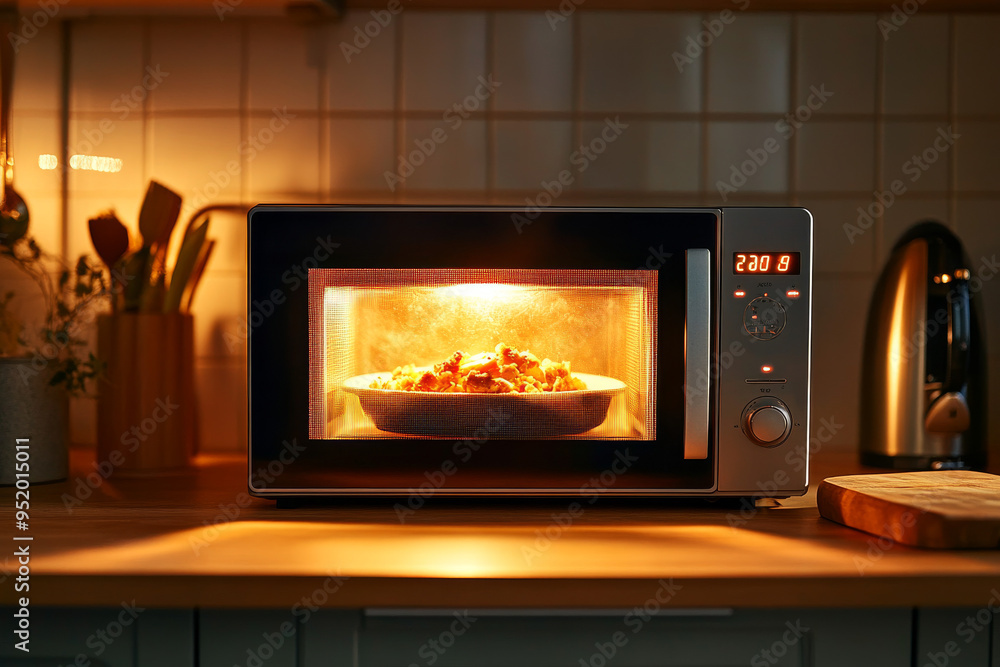 A microwave oven heats a meal in a modern kitchen with ambient lighting, showcasing a warm, cozy environment for quick and convenient cooking.
A microwave oven heats a meal in a modern kitchen with ambient lighting, showcasing a warm, cozy environment for quick and convenient cooking.