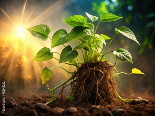 ethereal misty morning pothos tendrils embracing soil roots whimsical bohemian earthy tones warm golden light delicate textures serene natural wonder photo