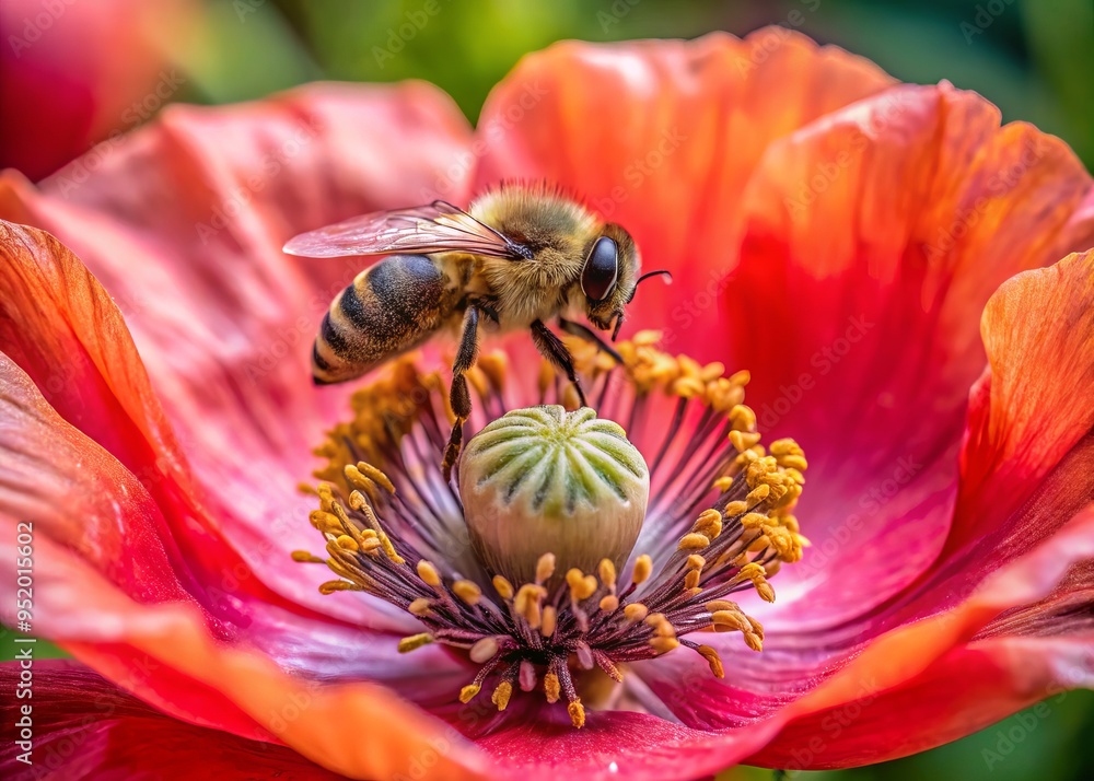 A photo image of a bee perched delicately on the velvety petals of a freshly bloomed poppy, surrounded by intricate details. A photo image of a bee perched delicately on the velvety petals of a freshly bloomed poppy, surrounded by intricate details.