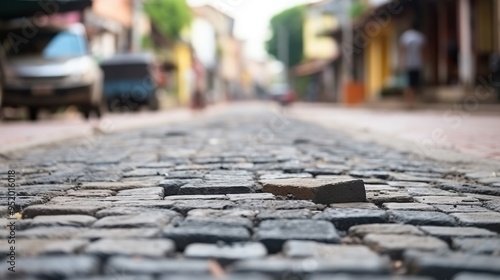 Low-angle view of an uneven cobblestone street with a displaced stone, highlighting imperfections and urban decay.