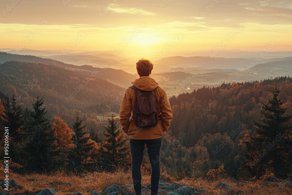 Fototapeta premium A person in a brown jacket stands on a hilltop gazing at the sunsetlit valley