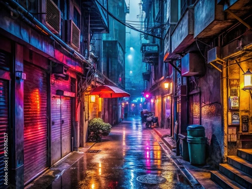 rain-soaked alleyways with faint neon signs in the distance suggesting hidden dens of illegal betting operations