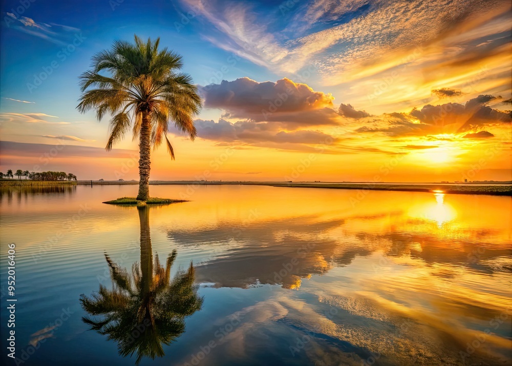 Golden Hour Palm Tree Vertical Christmas Tree Reflections Peaceful Serene Tranquil Waterfront Warm Light Soft Pastels Golden Hour Palm Tree Vertical Christmas Tree Reflections Peaceful Serene Tranquil Waterfront Warm Light Soft Pastels
