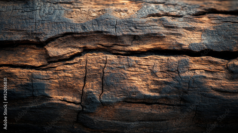 Obraz premium Detailed close-up of a weathered, cracked wooden surface with rich textures and patterns, showcasing natural aging and rustic beauty. 