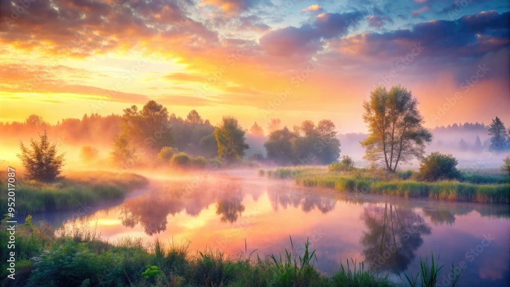 Obraz premium soft warm pastel gentle peaceful morning misty foggy serene tranquil ambient dreamy mystical surreal ethereal natural wild nature scenic