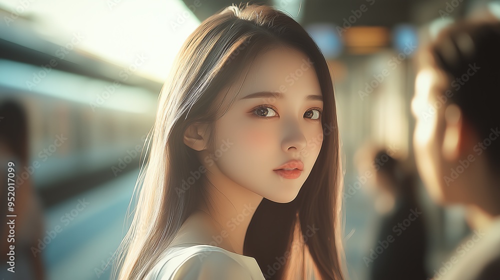 Beautiful Young Woman with Long Brown Hair Looking at Camera Beautiful Young Woman with Long Brown Hair Looking at Camera