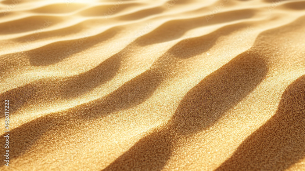 Close-up of golden sand dunes with soft sunlight casting shadows, highlighting the textured patterns in a serene desert landscape.
Close-up of golden sand dunes with soft sunlight casting shadows, highlighting the textured patterns in a serene desert landscape.