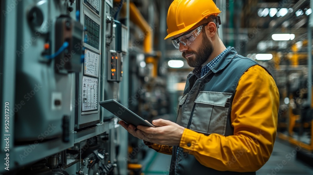 Industrial Precision: Engineer Monitors Control Panel in Factory Setting Industrial Precision: Engineer Monitors Control Panel in Factory Setting
