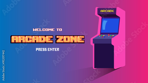Welcome to the game zone press enter , with arcade machines on a neon red and blue background.