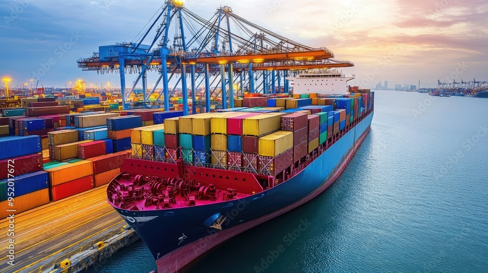 Naklejka premium A cargo ship loaded with colorful containers, docked at a busy port, highlighting the scale and importance of global trade and maritime transport. -