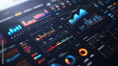 A close-up of a 3D financial dashboard with multiple graphs and charts, including bar, line, and pie graphs, showing comprehensive data analysis in a modern interface.