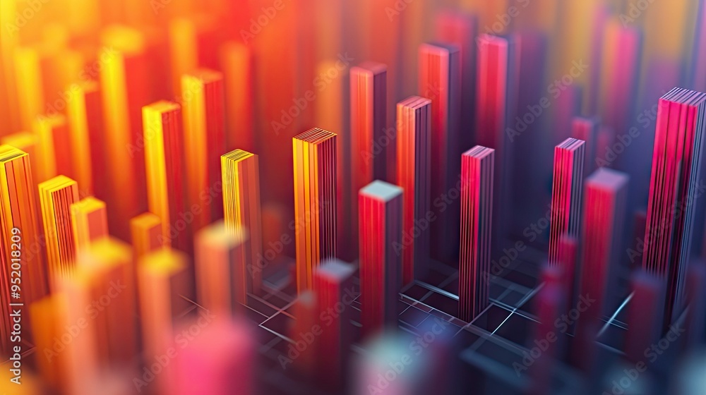 A close-up of a 3D histogram with varying bar heights and depths, highlighting the distribution of data across different categories. A close-up of a 3D histogram with varying bar heights and depths, highlighting the distribution of data across different categories.