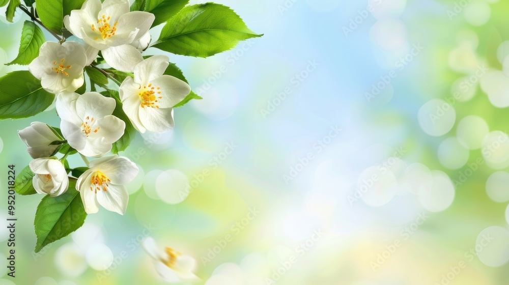 White flowers with green leaves bathed in fresh spring sunlight, evoking a bright and rejuvenating natural scene. White flowers with green leaves bathed in fresh spring sunlight, evoking a bright and rejuvenating natural scene.
