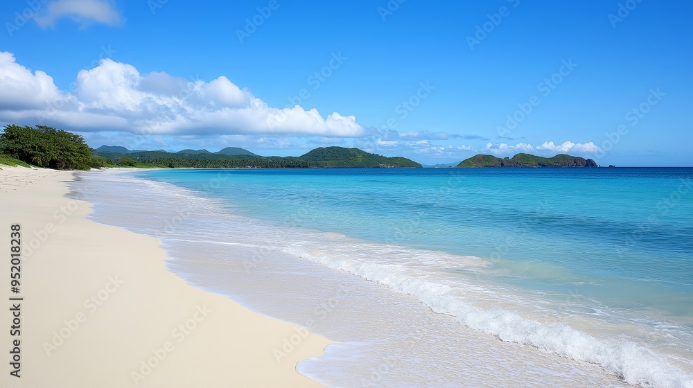 A vast expanse of pristine beach with gentle waves lapping at the shore A vast expanse of pristine beach with gentle waves lapping at the shore