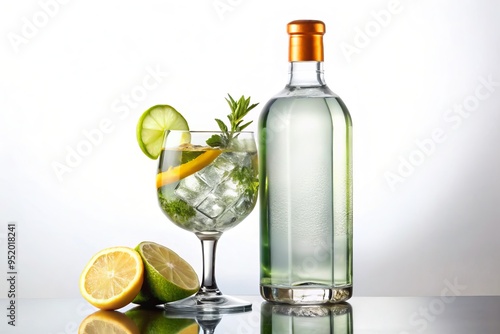 A photograph of a bottle of gin sits alone on a crisp white background, a glass waiting in the background, awaiting its turn to shine.