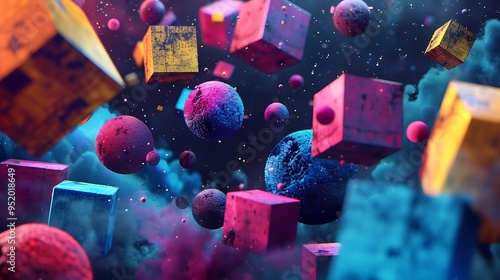 A vibrant composition with layered spheres and cubes, dynamically arranged to give the illusion of floating in space, set against a dark, textured backdrop. 8k UHD, suitable for high-quality  photo