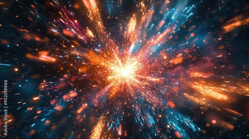 Fototapeta premium A close-up of a burst of fireworks resembling an explosion, with colorful sparks and bright light against a night sky, capturing the festive and spectacular nature.