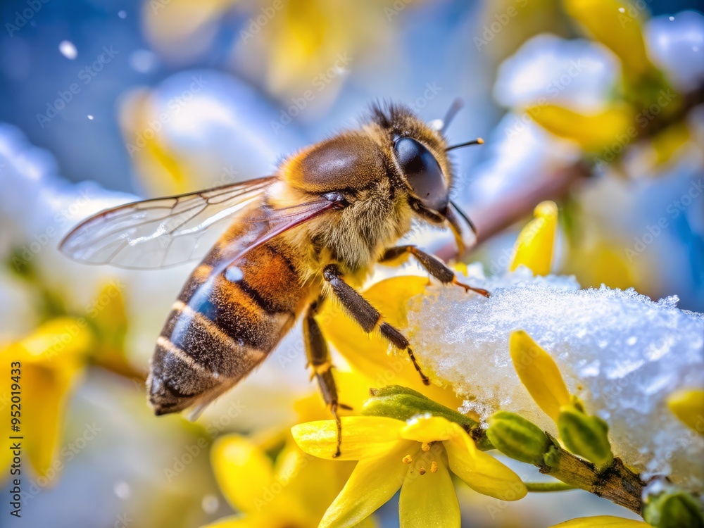 a photo image of a bee, with bright yellow stripes and fuzzy body, perched on a delicate winter jasmine flower with white petals and golden centers, surrounded by winter foliage a photo image of a bee, with bright yellow stripes and fuzzy body, perched on a delicate winter jasmine flower with white petals and golden centers, surrounded by winter foliage