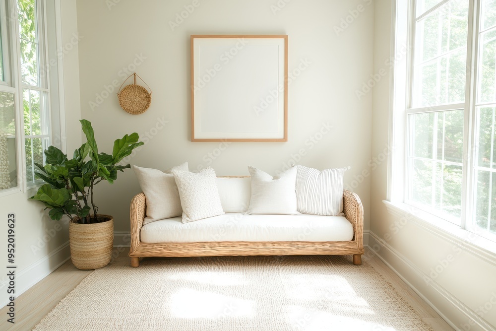 Fototapeta premium Tranquil Sunroom with Frame Mockup Above Wicker Loveseat, Pillows, Plants, and Rug