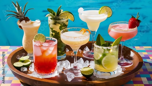 Collection of widely known refreshing summer alcoholic cocktails.