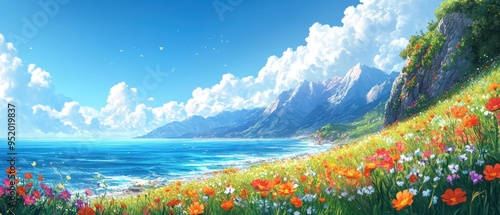 Charming and dreamy landscape featuring a sea and flowers on green grass. Fresh multicolors and white-blue tones with a cartoonish style photo