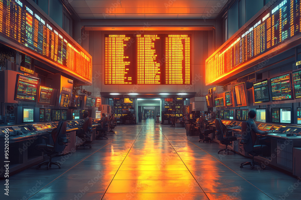 A detailed view of a bank’s trading floor with digital boards, desks, and brokers in action, isolated on a pastel yellow background, A detailed view of a bank’s trading floor with digital boards, desks, and brokers in action, isolated on a pastel yellow background,