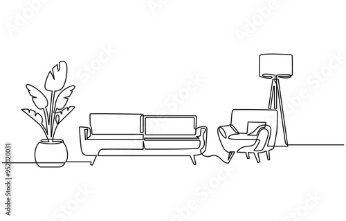 Continuous one line drawing of couch or sofa with lamp and potted plant. Modern furniture simple linear style vector 