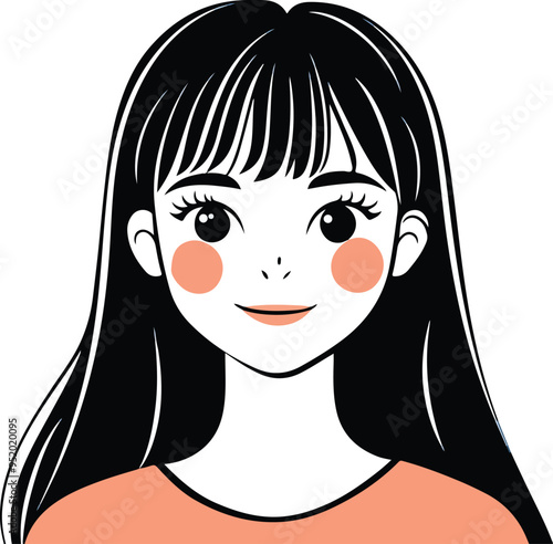 Minimalistic vector illustration of a cute young girl with long hair and rosy cheeks, smiling warmly.