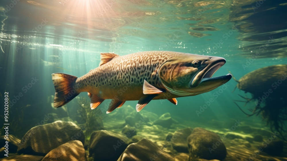 Predatory fish beautiful Salmon models in crystal clear water. Neural network ai generated art Predatory fish beautiful Salmon models in crystal clear water. Neural network ai generated art