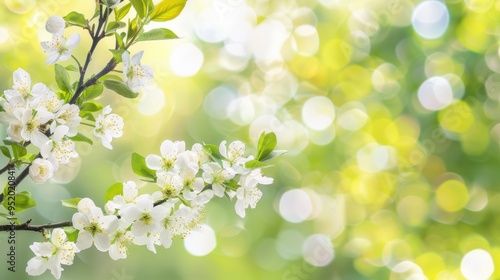 A blooming tree branch with white blossoms and green leaves against a blurred background filled with green and yellow bokeh.