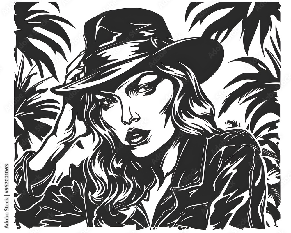 Fototapeta premium Gangster girl full aggressive expression black and white illustration