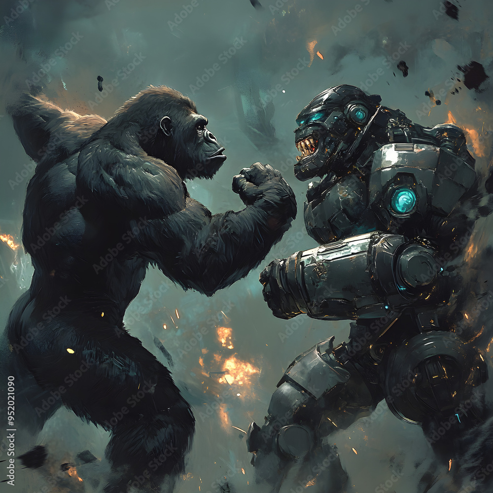 Armored cyborg gorilla striking with forceful punch in intense war image Armored cyborg gorilla striking with forceful punch in intense war image