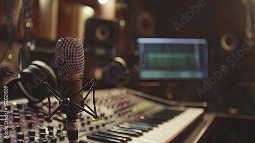 A close-up of a professional condenser microphone on a studio desk, with headphones and music equipment visible, showcasing the tools of a recording artist. photo