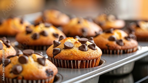 Close-up of freshly baked chocolate chip muffins in a baking tray, highlighting their golden brown tops and melted chocolate chips.