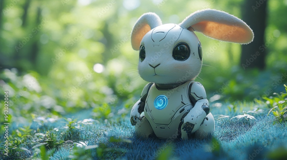 Futuristic rabbit robot on blue grass hill Futuristic rabbit robot on blue grass hill