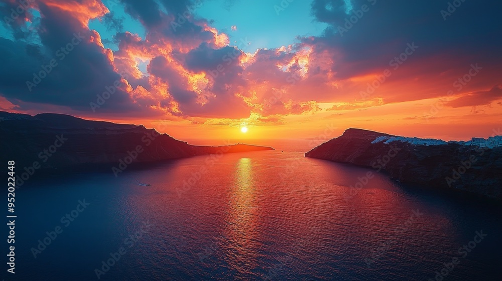 Fototapeta premium Dramatic Sunset Over the Aegean Sea with Cliffs and a Small Boat