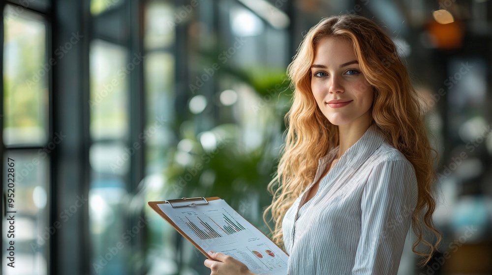 Obraz premium Confident Businesswoman with Data: A young, professional woman with flowing red hair smiles confidently while holding a clipboard with charts and graphs, showcasing her expertise and success in a mode