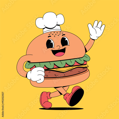 Walking burger retro cartoon