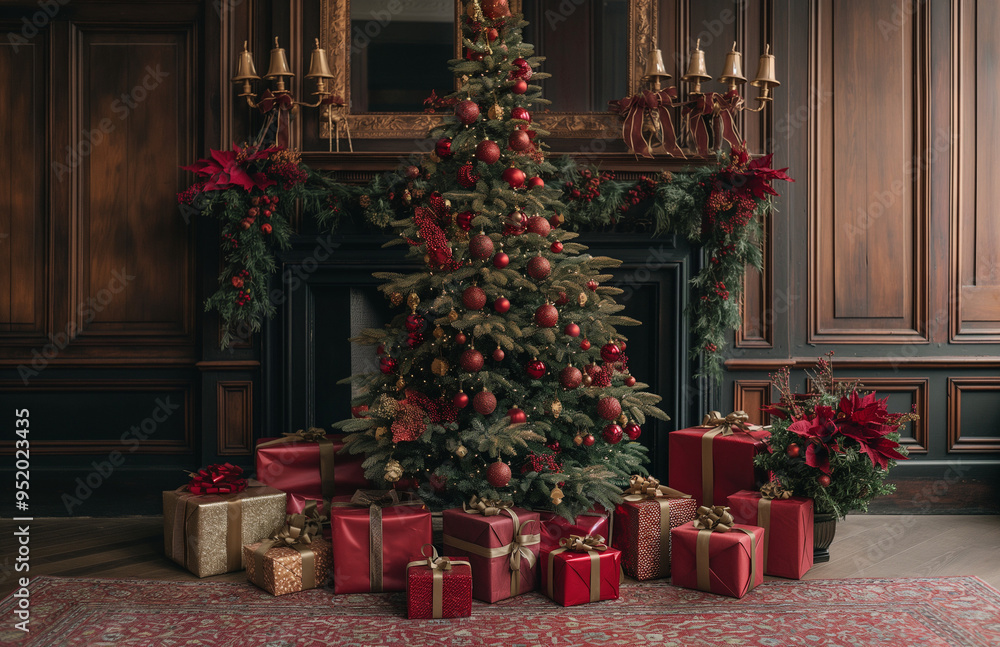 Living room with decorated Christmas tree and gift boxes Living room with decorated Christmas tree and gift boxes