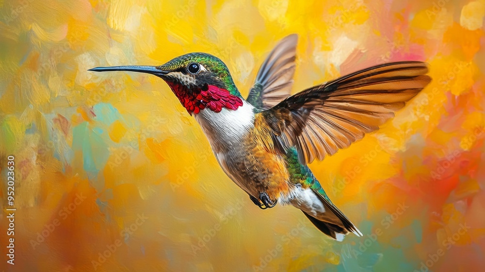 Fototapeta premium Hummingbird in Flight with Watercolor Background