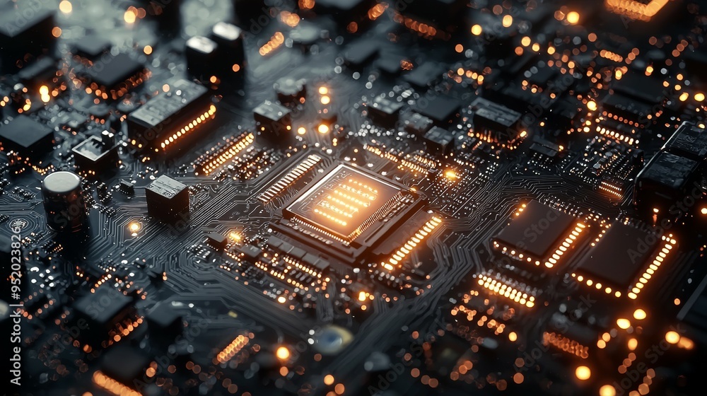 Close Up of Circuit Board with Glowing Components Close Up of Circuit Board with Glowing Components