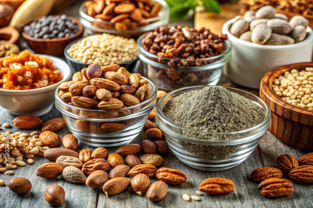 High-quality image of a variety of nuts and seeds, including almonds, walnuts, and chia seeds, arranged artfully on a modern kitchen counter, highlighting the healthy fat content High-quality image of a variety of nuts and seeds, including almonds, walnuts, and chia seeds, arranged artfully on a modern kitchen counter, highlighting the healthy fat content