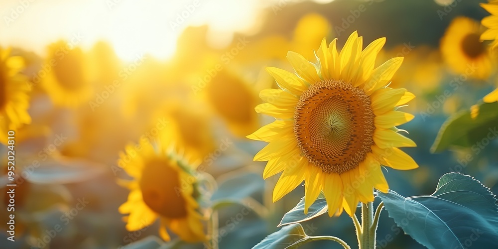 Fototapeta premium Close-up of a sunflower field at sunrise, with bright yellow flowers facing the rising sun.