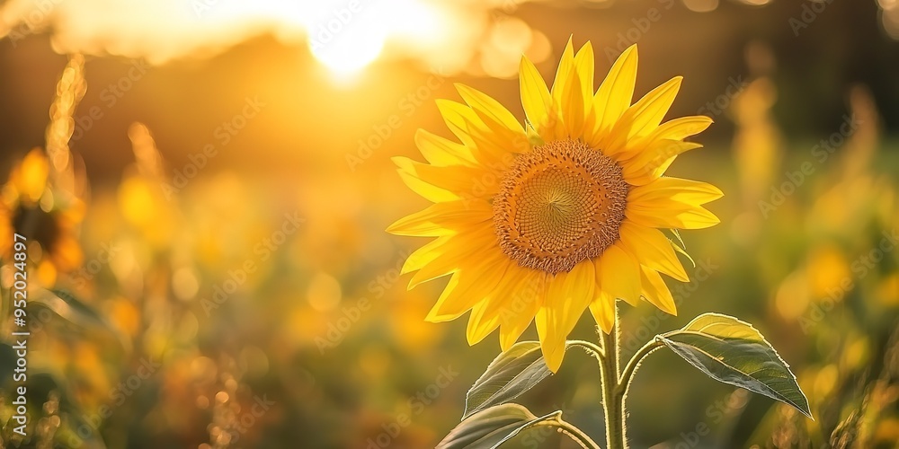 Fototapeta premium Vibrant sunflower with golden petals blooming in a field under the sun, sunflower, nature, bloom, yellow, petals, plant, garden 