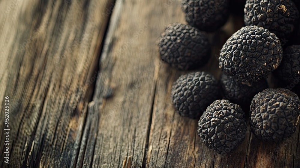 A close-up of fresh black truffles with their distinctive rough texture and dark color, set against a rustic wooden background to highlight their natural beauty. A close-up of fresh black truffles with their distinctive rough texture and dark color, set against a rustic wooden background to highlight their natural beauty.