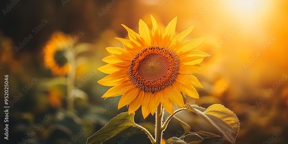 Naklejka premium Vibrant sunflower with golden petals blooming in a field under the sun, sunflower, nature, bloom, yellow, petals, plant, garden