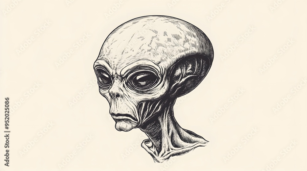 Alien Head Illustration Black and White Hand Drawn Sketch Art Alien Head Illustration Black and White Hand Drawn Sketch Art
